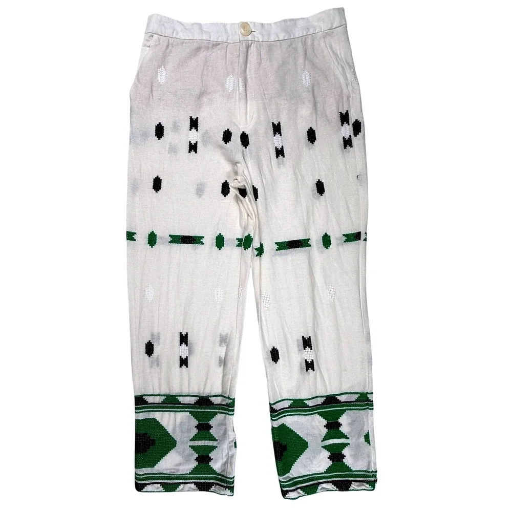 Zara Womens Linen Blend Embroidered Geometric Straight Leg Pants White Green L